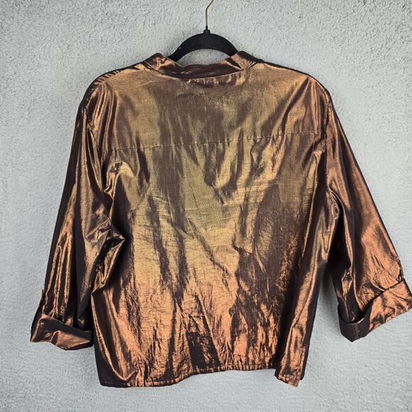 Ruby Rd Blouse Shirt Womens 18 Brown Metallic Button Up Roll Tab Sleeve Pockets - Picture 2 of 14